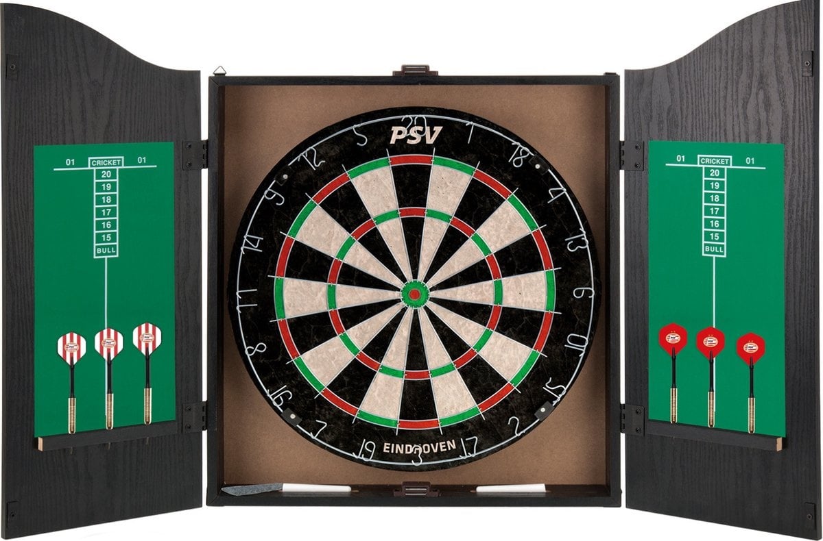 PSV Dartbord Met Dartpijlen en Dartkabinet